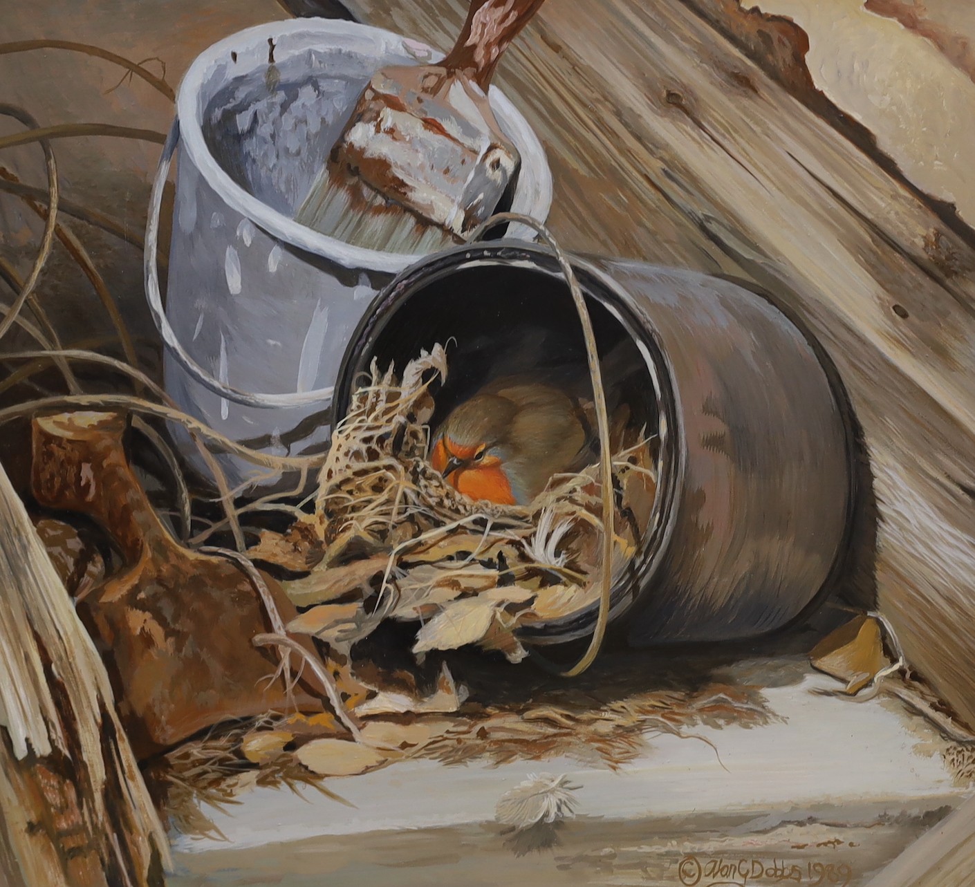 Alan G. Dobbs, oil on board, Badger in woodland, signed and dated 1989, 60 x 75cm and another similar oil of a robin on its nest, signed and dated 1989, 36 x 40cm